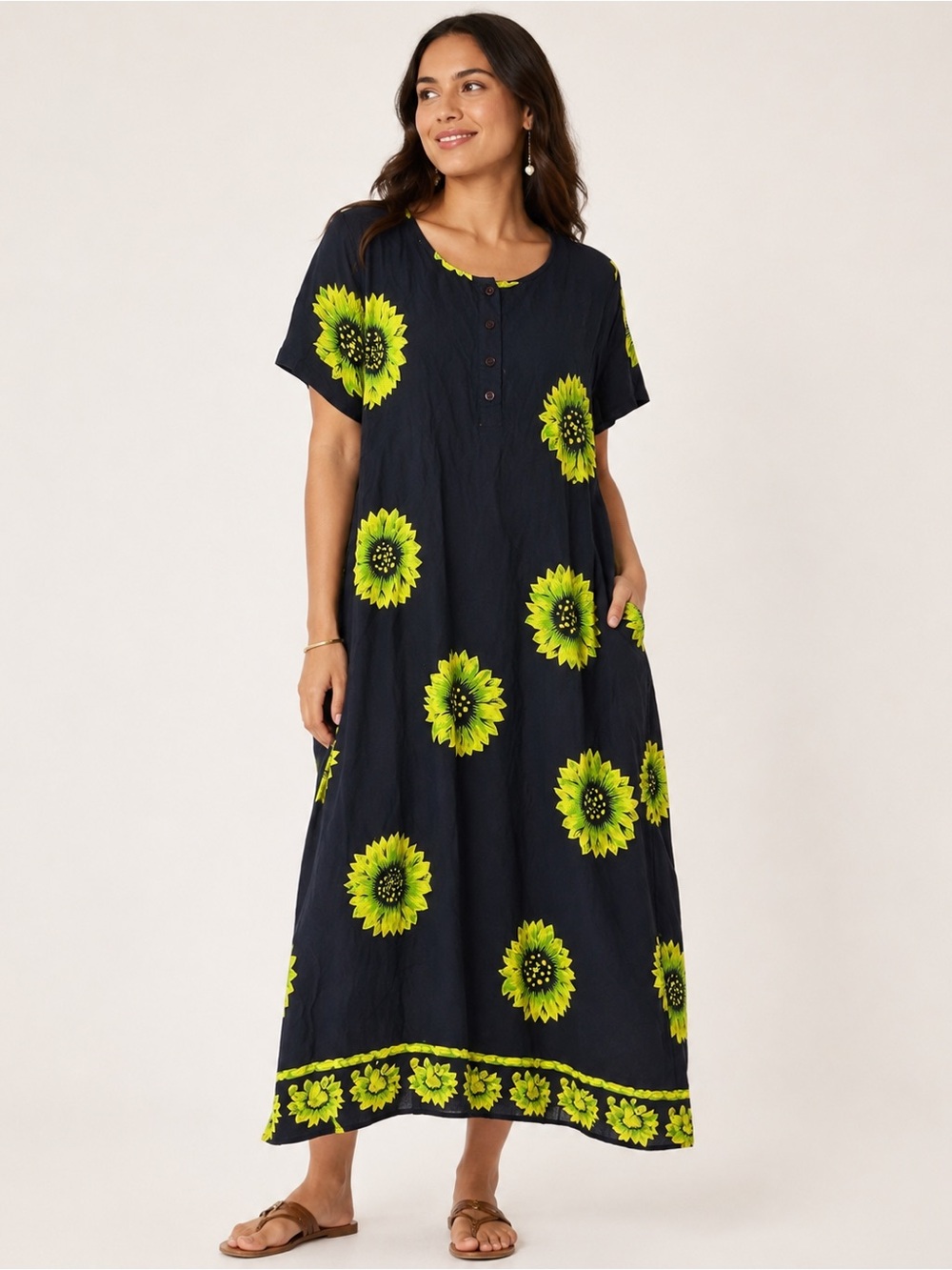 Vintage Dee Dee’s Rayon Sunflower Maxi Shift Dress Black Chartreuse Bohemian SM